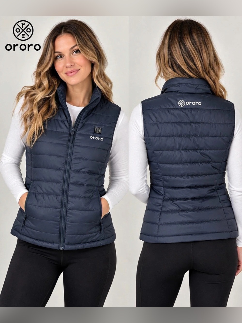 ORORO Women’s Heated Puffer Vest Size Small Navy Blue Quilted Full Zip No Batter